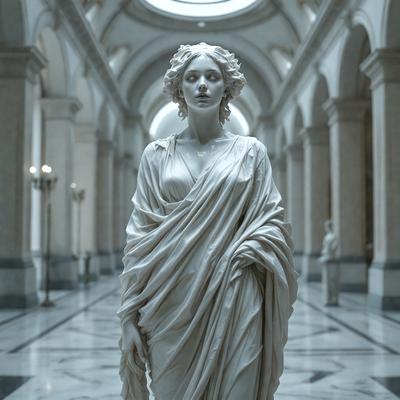 The primary subject of the image is a statue of a woman, possibly a Roman statue, standing in a large, open, and empty room. The setting appears to be a museum or a similar indoor space. The visual style of the image is a black and white photograph, which adds a sense of timelessness and elegance to the scene. The colors and mood of the image are predominantly dark, with the woman statue being the main focal point, creating a dramatic and artistic atmosphere.